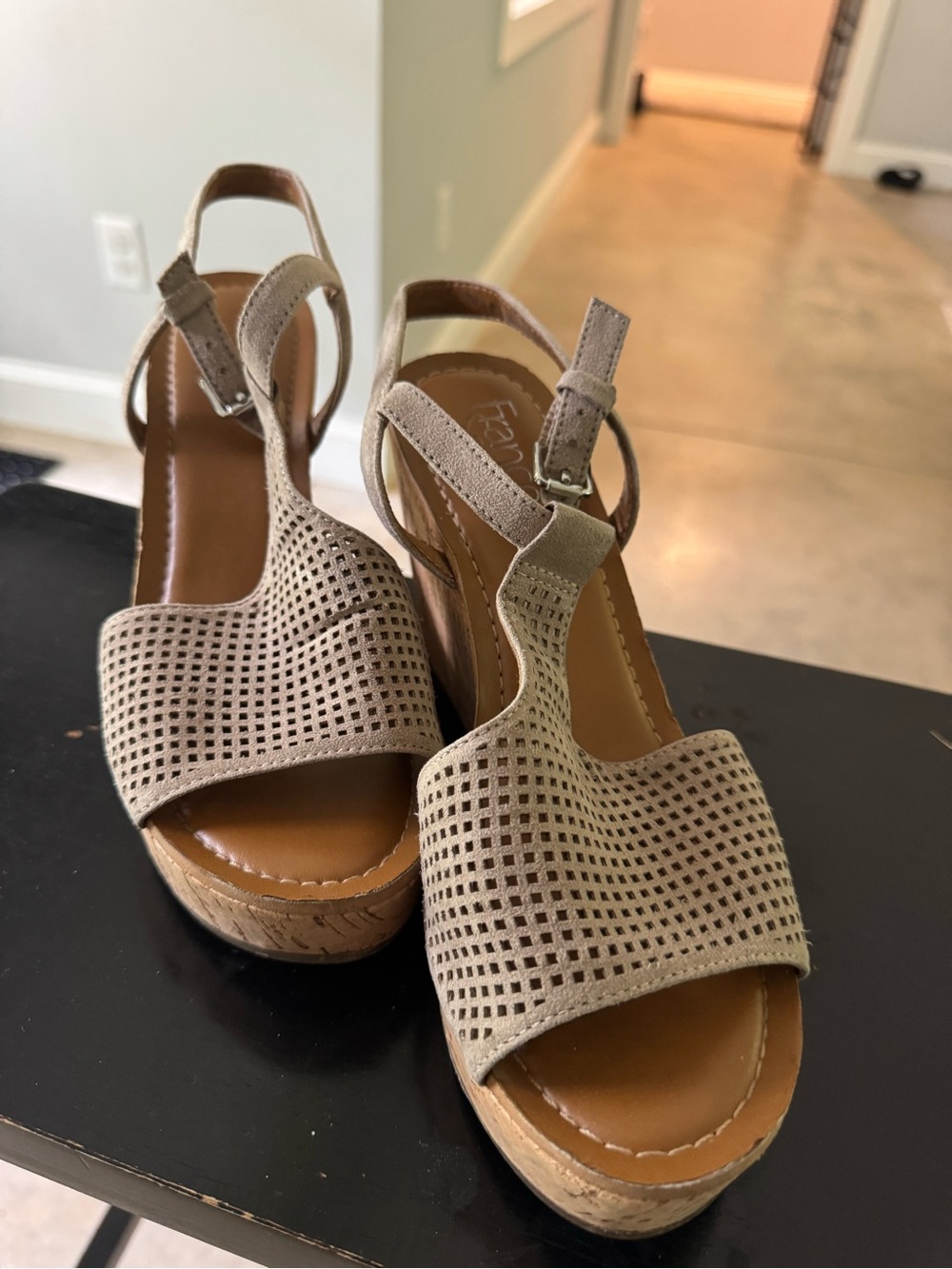 Franco Sarto Taupe Perforated Wedge Sandals